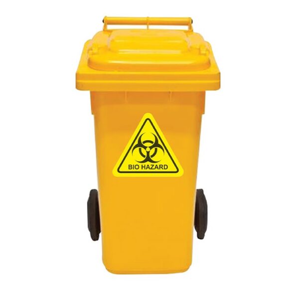 120L Biohazard Waste Bin: A red, lidded container marked with the biohazard symbol, designed for safe disposal of hazardous biological materials.