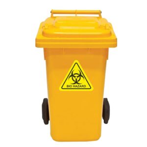 240L Biohazard Waste Bin: A red, lidded container marked with the biohazard symbol, designed for safe disposal of hazardous biological materials.