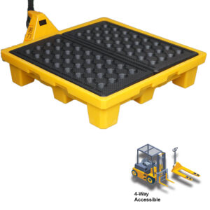 4 Drum Spill Pallet: A spill containment unit designed to hold up to four drums or barrels. The pallet has a sturdy construction with raised edges to contain any potential leaks or spills from the drums. It provides a safe storage solution for hazardous liquids and helps protect the surrounding environment from accidental spills.