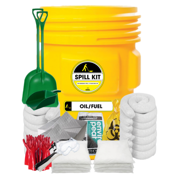 Oil / Fuel Spill Kit 360L: An oil-specific spill response kit contained in a 95-gallon container. The spill kit is designed to handle oil spills effectively, including hydrocarbons, petroleum-based liquids, and other oil-based substances. It includes absorbent pads, socks, booms, and disposal bags specialized for oil spill cleanup. The kit is suitable for use in industrial facilities, marine environments, or other areas where oil spills may occur, helping to mitigate environmental damage and maintain safety