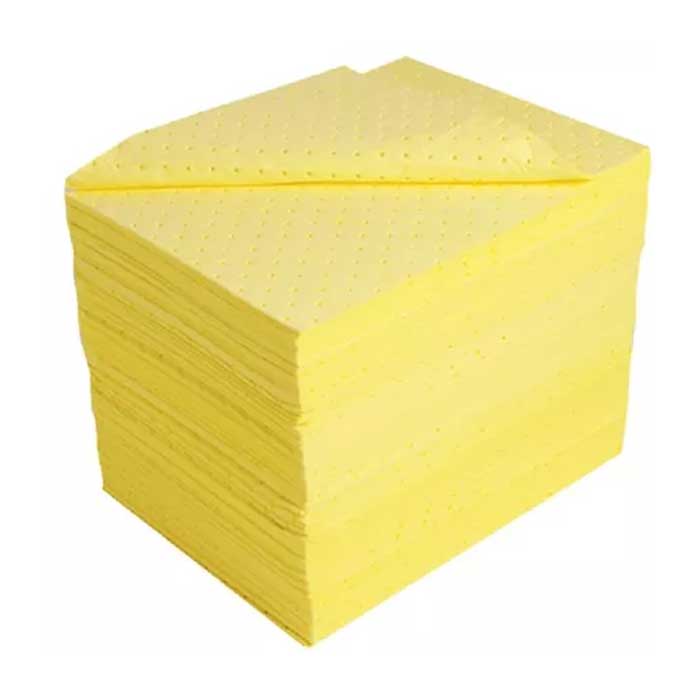 Chemical Absorbent Pads: Yellow, rectangular pads made of specialized absorbent material designed to safely soak up and contain spills and leaks of hazardous chemicals and aggressive liquids. These pads are essential for quick response and cleanup of chemical spills, helping to mitigate potential hazards and maintain a safe environment in industrial, laboratory, or other settings where hazardous substances are handled.
