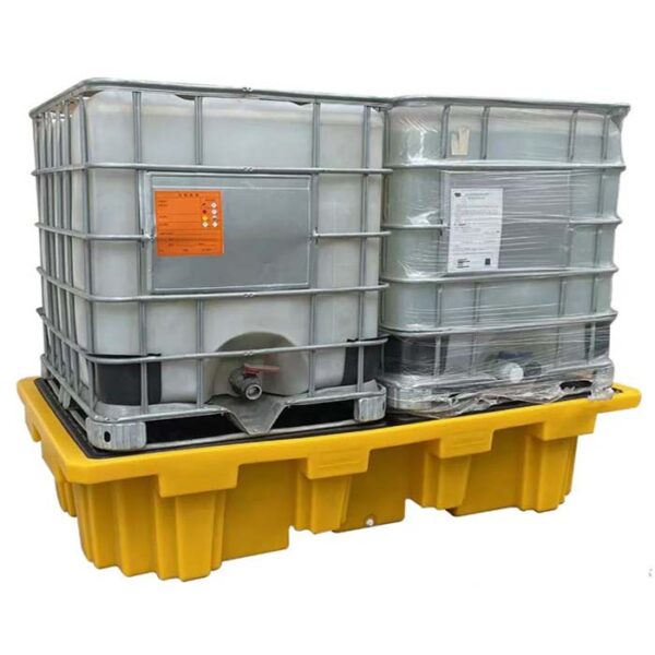 Double IBC Spill Pallet: A large, two-tiered containment unit designed to hold and prevent spills from Intermediate Bulk Containers (IBCs). The pallet has a durable construction with spill containment barriers and a capacity to hold two IBCs side by side. It provides safe storage for hazardous liquids and protects the environment from potential spills.