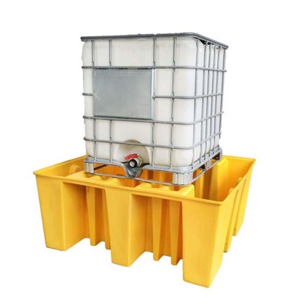 Single IBC Spill Pallet: A compact spill containment unit designed to hold and prevent spills from a single Intermediate Bulk Container (IBC). The pallet has a sturdy construction with raised edges to contain any potential leaks or spills from the IBC. It provides a safe storage solution for hazardous liquids and helps protect the surrounding environment from accidental spills.