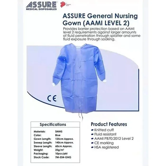 ASSURE General Nursing Gown (AAMI Level 2) Blue, 125cm X 140cm, 1pc