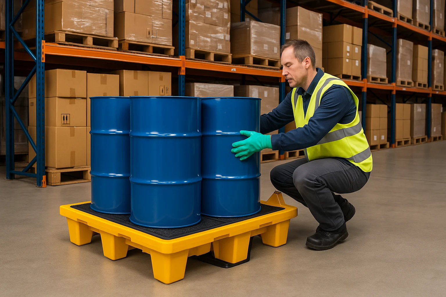 Worker placing blue chemical drums on yellow spill pallet for safe liquid storage in industrial warehouse