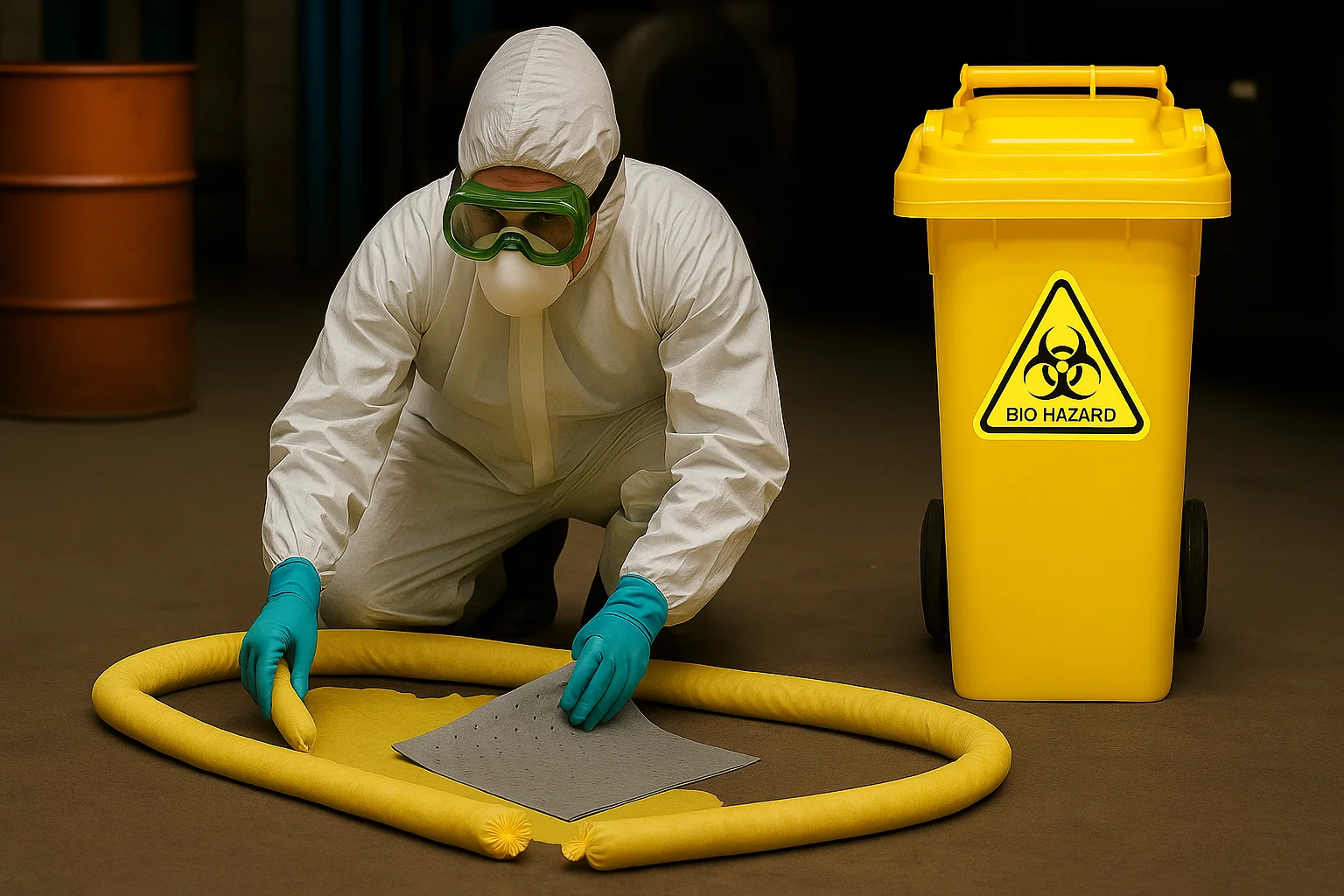 Biohazard spill response using absorbent socks and pads by worker wearing full protective equipment
