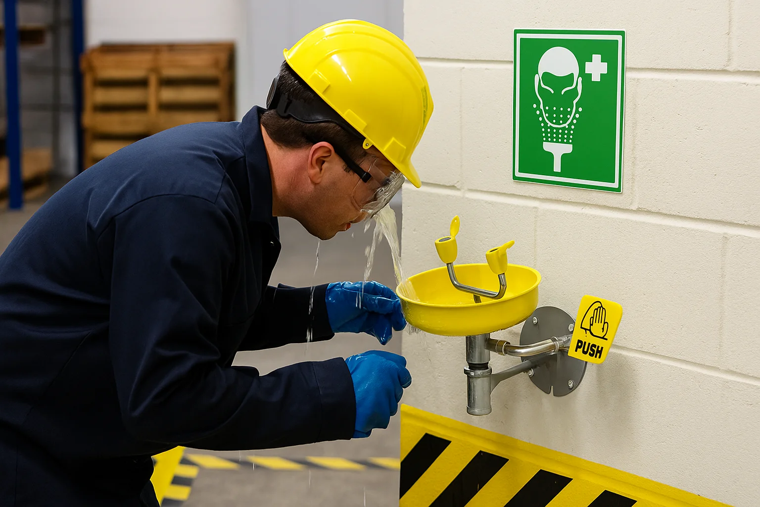 Worker using emergency eye wash station after chemical exposure in industrial area