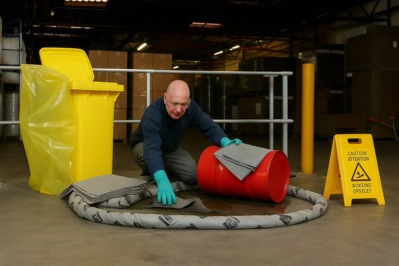 Industrial worker using spill response kit with absorbent socks and pads to contain oil or chemical spill in warehouse