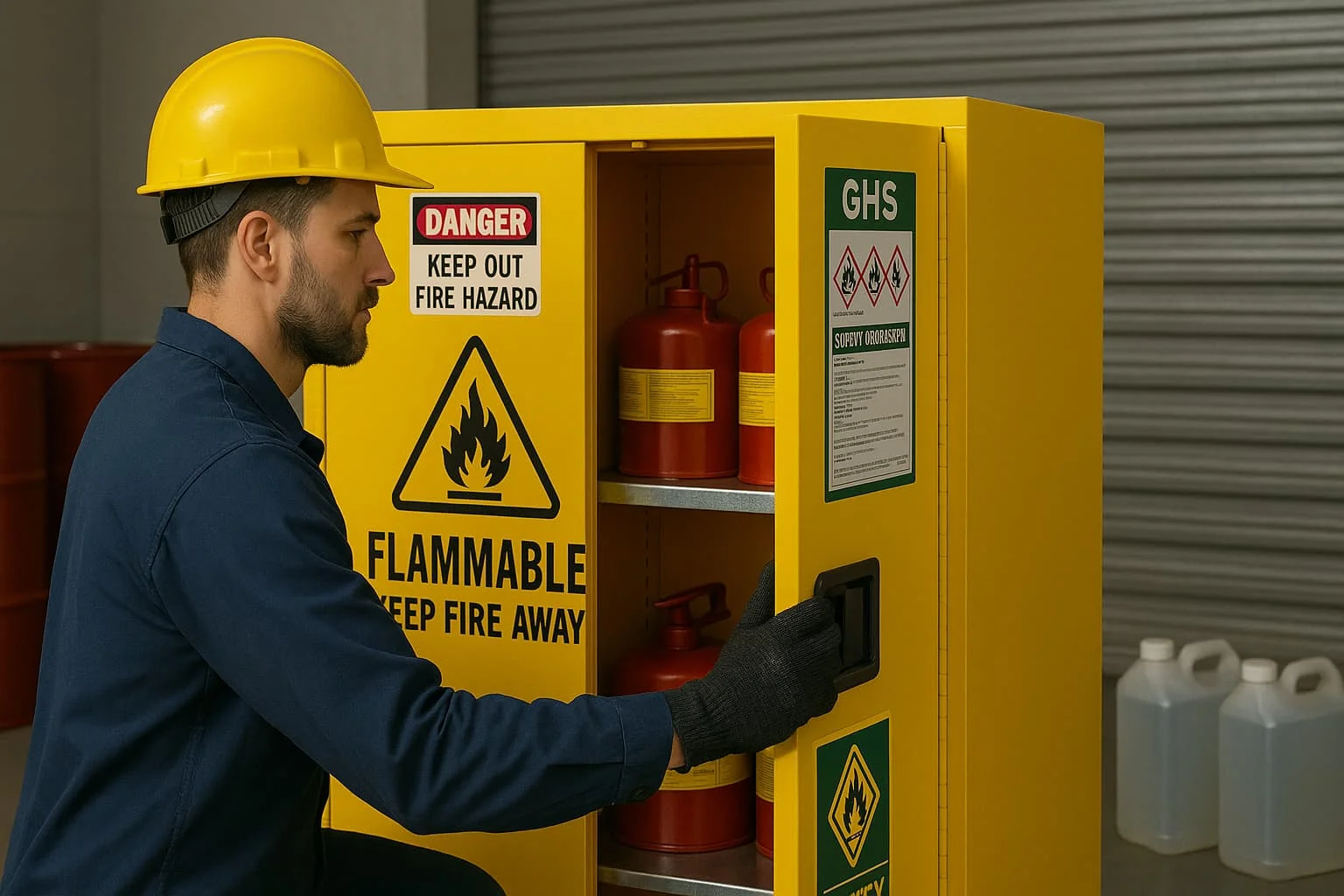 Worker accessing flammable safety storage cabinet for hazardous chemical handling