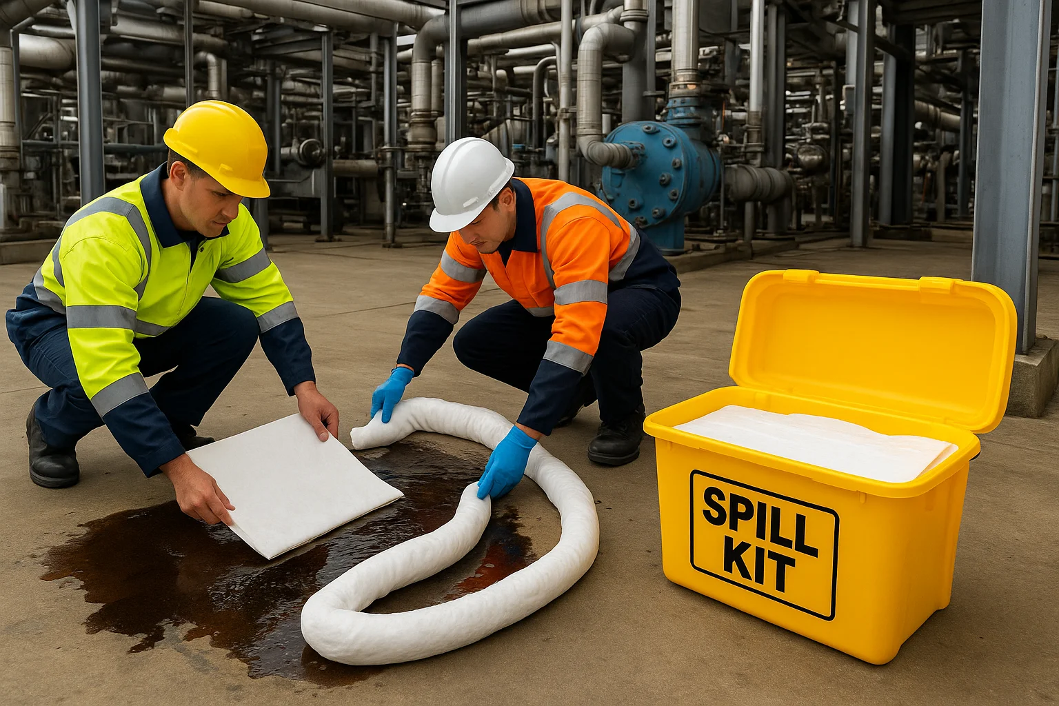 Workers using an industrial spill kit with absorbent pads and socks to clean an oil spill