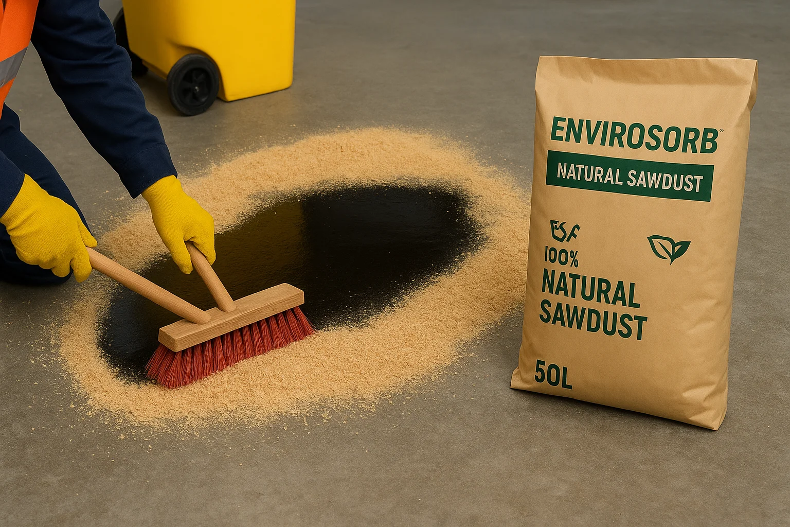 Worker spreading natural sawdust to absorb oil spill on concrete floor using broom and ENVIROSORB 50L bag in workshop