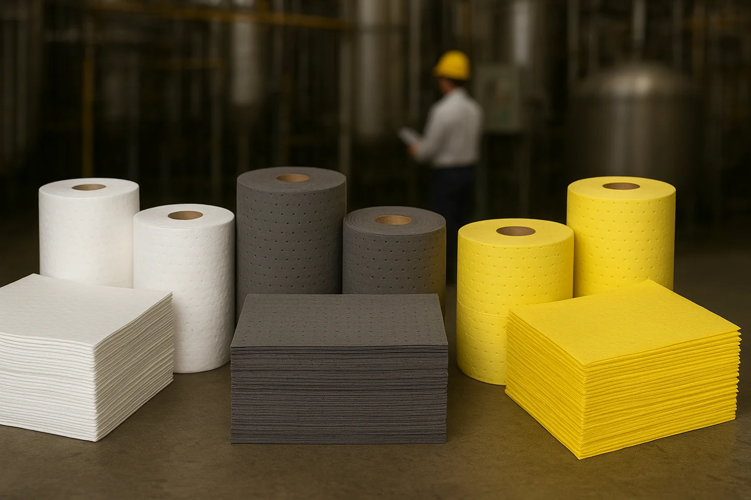 Assorted oil absorbent pads and rolls in white, grey, and yellow for spill cleanup in industrial environments
