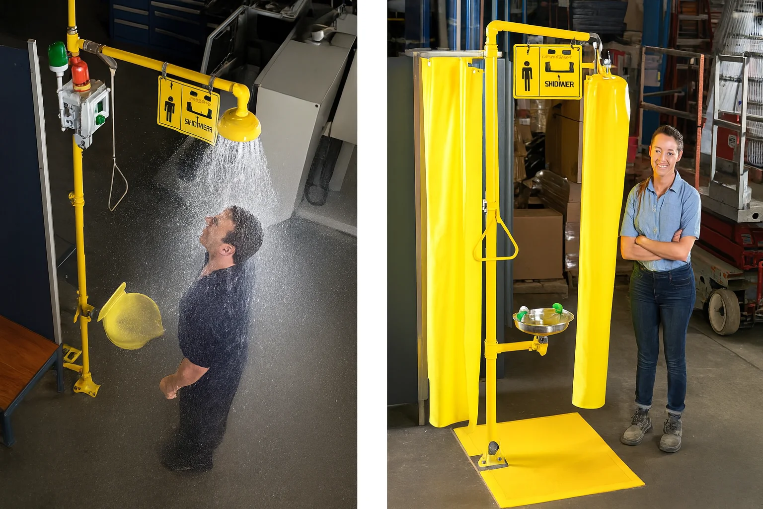 Yellow emergency safety shower with privacy curtain enclosure, overhead drench head, eyewash basin, and worker under spray in industrial setting