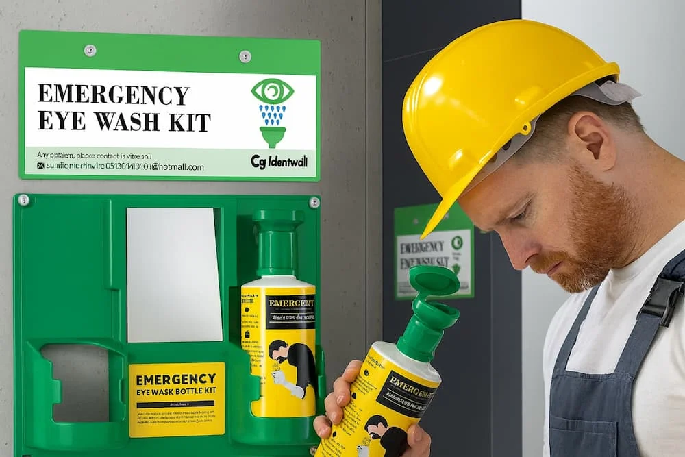 Wall-mounted dual emergency eyewash bottle kit in green cabinet with signage and worker using sterile eye flush bottle