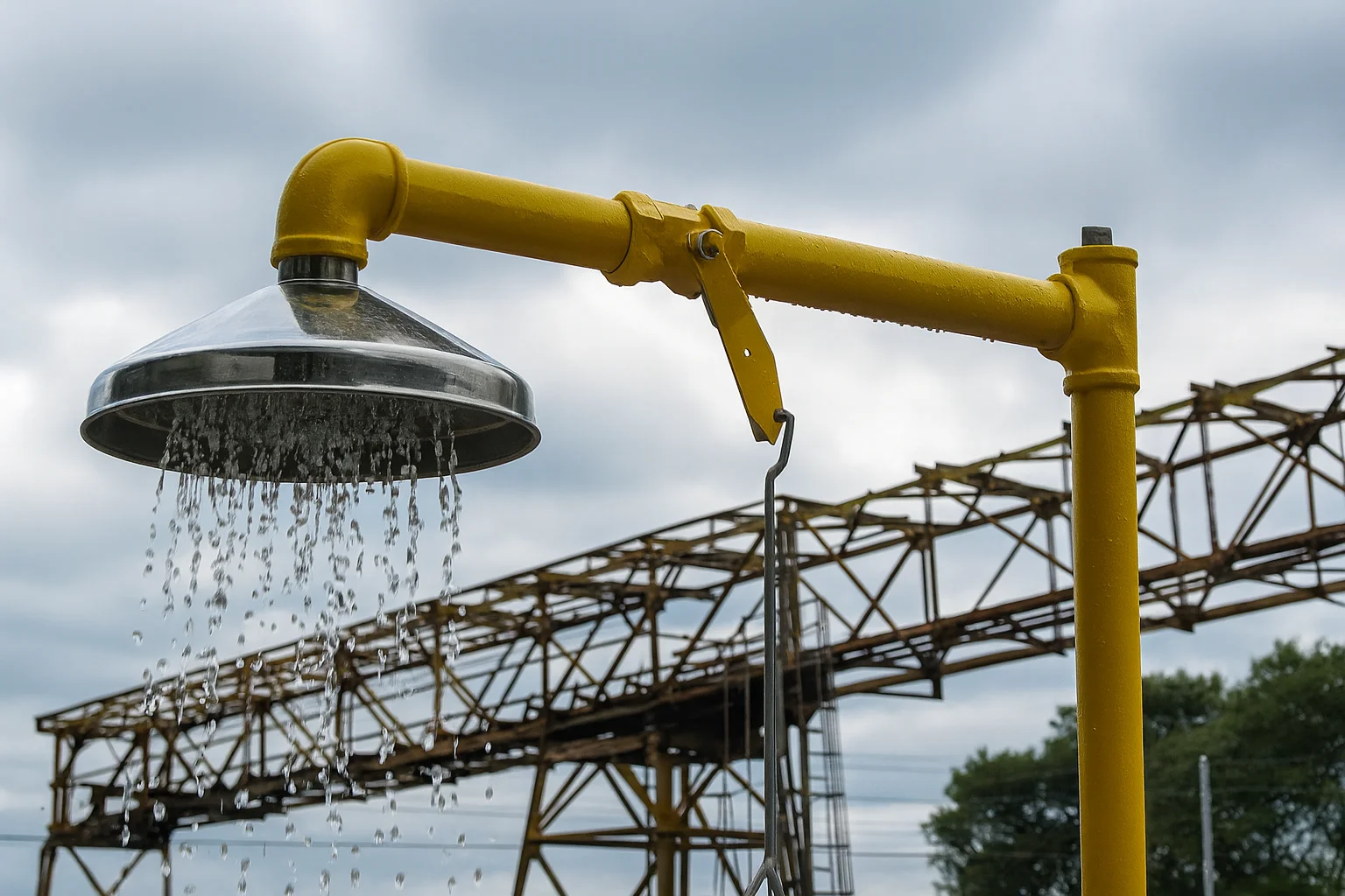 Yellow portable emergency shower and eyewash station with overhead drench head and eye wash nozzles for chemical hazards